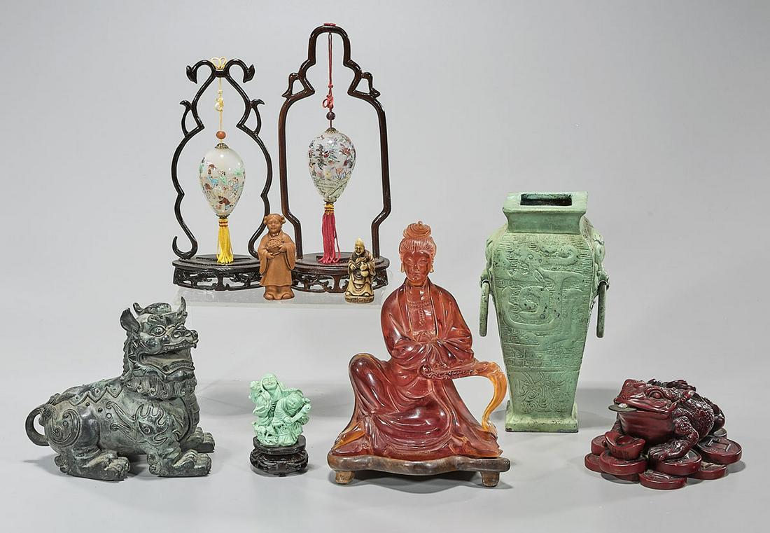 Group of Chinese Decorative Items: Nine various Chinese decorative objects, including a metal vase and various composite figures and two hanging inside painted glass decoration; H: 9 1/4" (tallest, approx.)