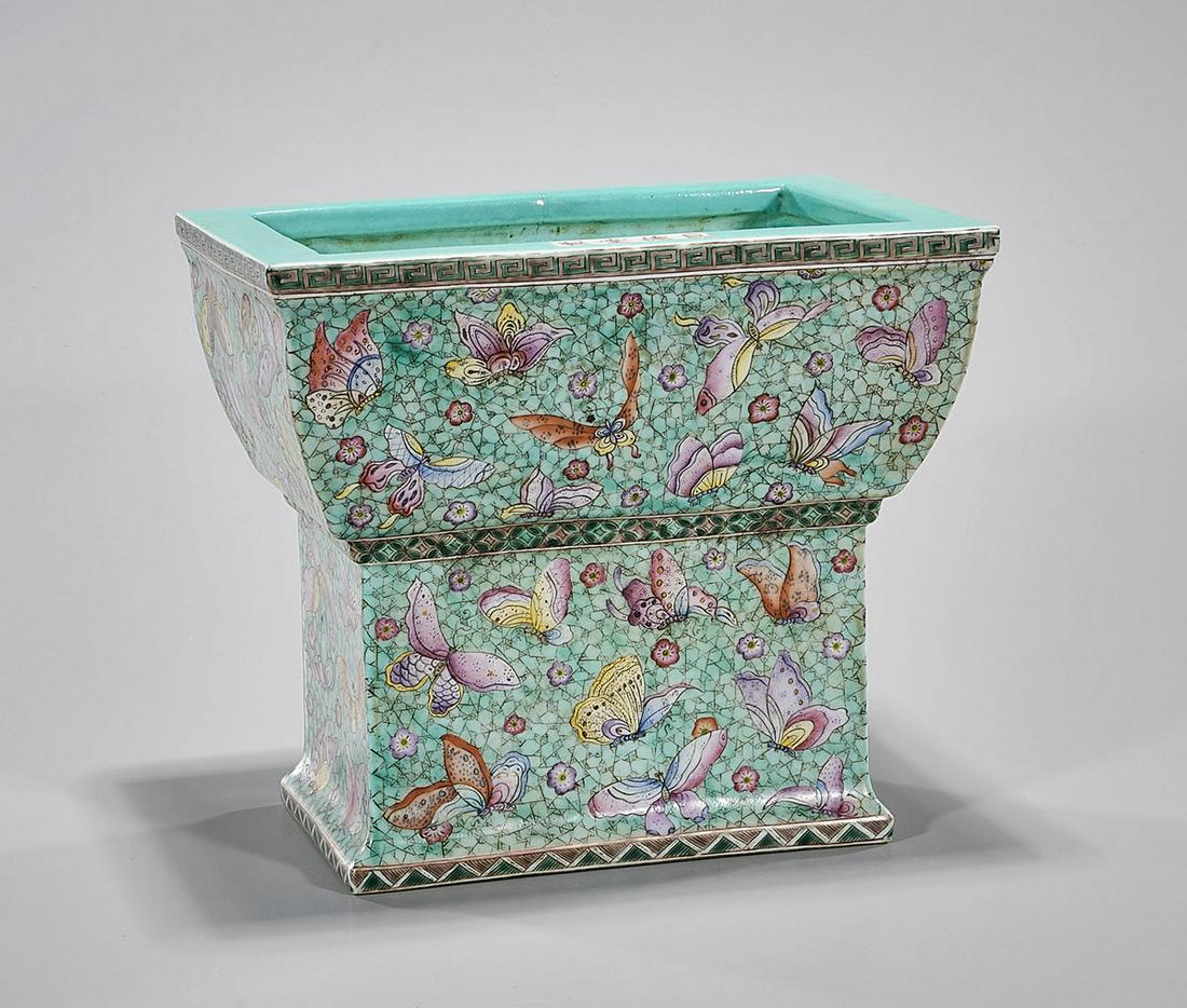 Chinese Enameled Porcelain Basin: Chinese enameled porcelain basin; turquoise glaze with flowers and butterflies motif; mark to top; 9 1/2" x 10 1/2" x 7 1/2" Condition: general wear, frits, pits, minor losses