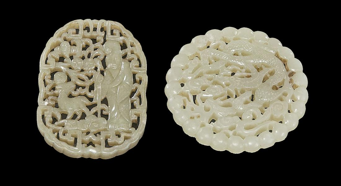 Two Chinese Carved Celadon Jade Plaques (1 of 2)