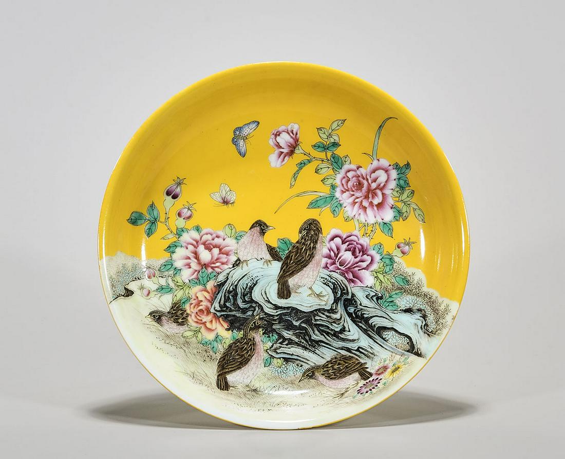 Chinese Enameled Porcelain Dish: Chinese yellow glazed enamel porcelain dish; Yongzheng mark but later; flower and birds; D: 8 1/4" (approx.) Condition: general wear, frits, pits