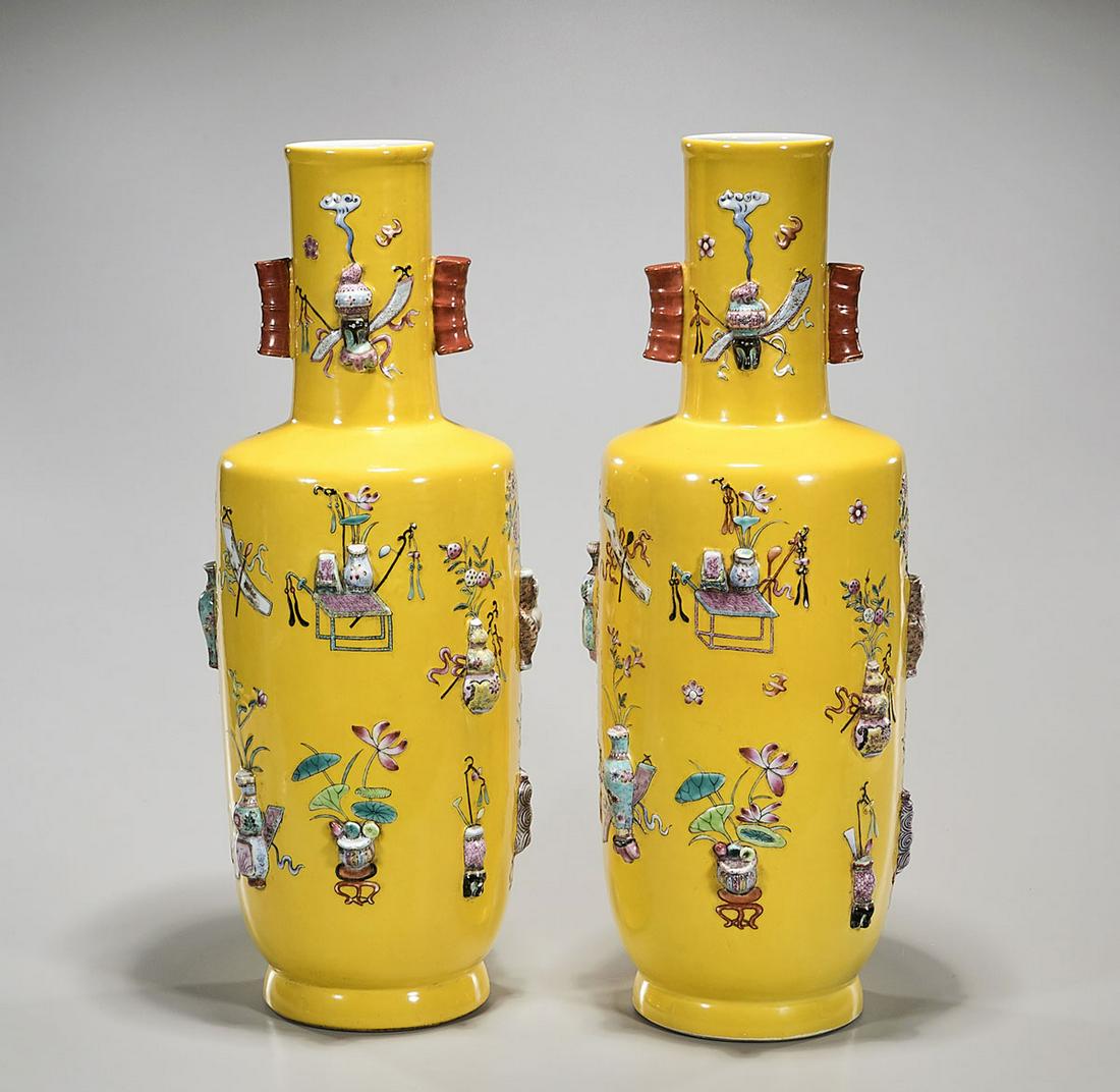 Pair Large Chinese Raised Enamel Porcelain Vases (1 of 10)