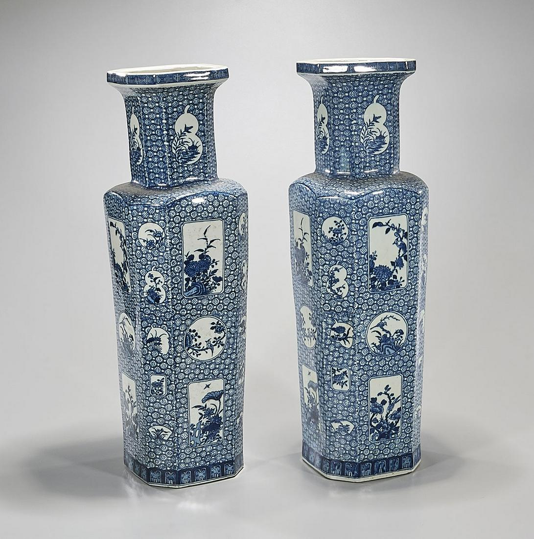 Pair Tall Chinese Blue and White Rectangular Form Vases (1 of 6)