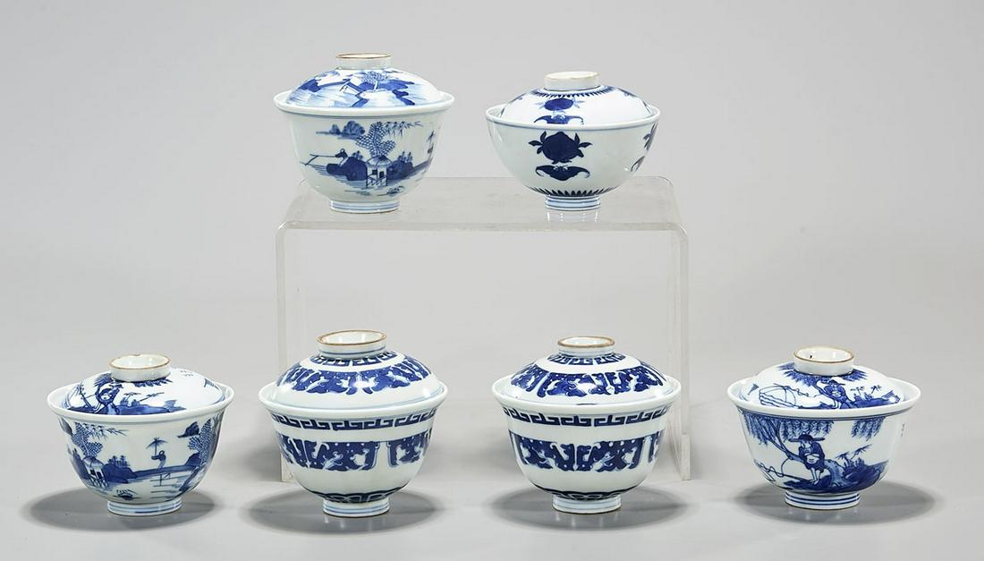 Group of Six Chinese Blue and White Porcelain Bowls: Six Chinese porcelain covered bowls, two with Xuande mark, but later; 4" x 4" (largest, approx.) Condition: general wear, frits, pits