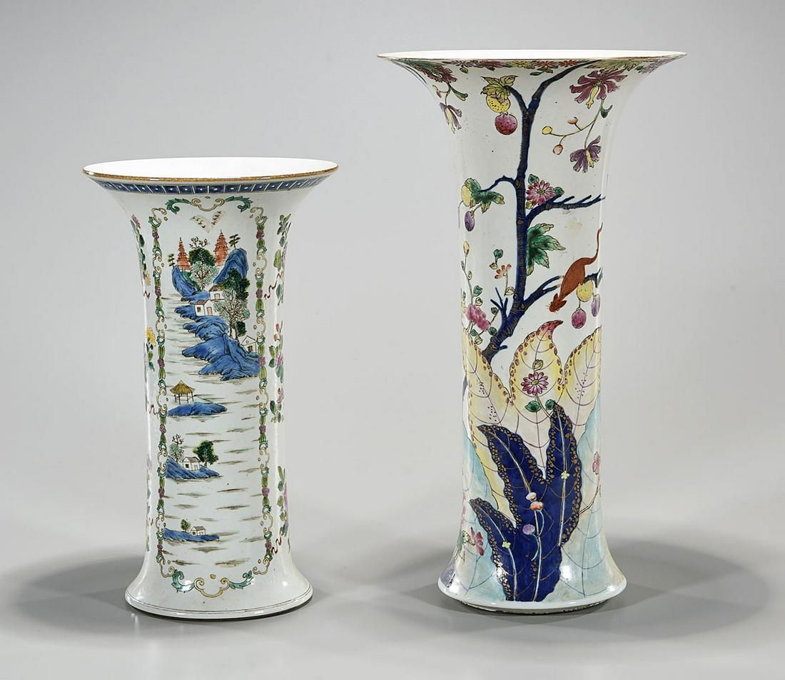Two Tall Chinese Enameled Porcelain Vases: Two Chinese porcelain vases, one with bird motif, the other with flowers and landscapes; one with double concentric ring to base; 15 1/2" x 8 1/2" (larger, approx.)