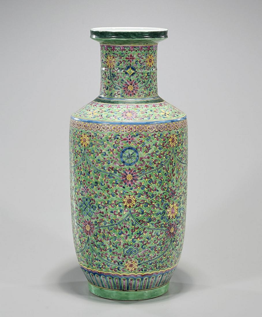 Chinese Enameled Porcelain Maul Vase: Chinese porcelain vase with all-over scrolling floral design; Kangxi mark but later; 18" x 8" (approx.) Condition: general wear, frits, pits