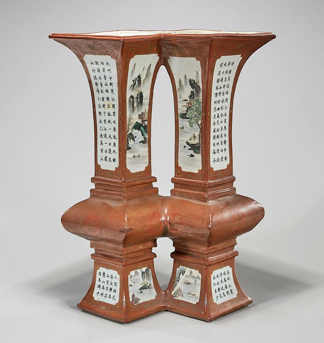 Chinese Double Gu-Form Porcelain Vase: Chinese double gu-form vase with landscape and calligraphic design; coral red ground; Guangxu mark at rim; 18" x 14" x 9" (approx.) Condition: general wear, frits, pits
