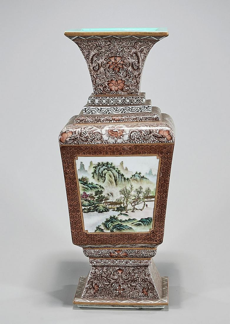 Chinese Four Faceted Porcelain Vase: Chinese porcelain vase with calligraphy and landscape design; 17" x 7" (approx.) Condition: general wear, frits, pits