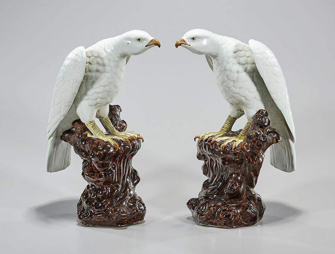 Pair of Porcelain Birds: Pair of white porcelain birds; 13 1/2" x 6" x 10" (each, approx.) Condition: general wear, frits, pits