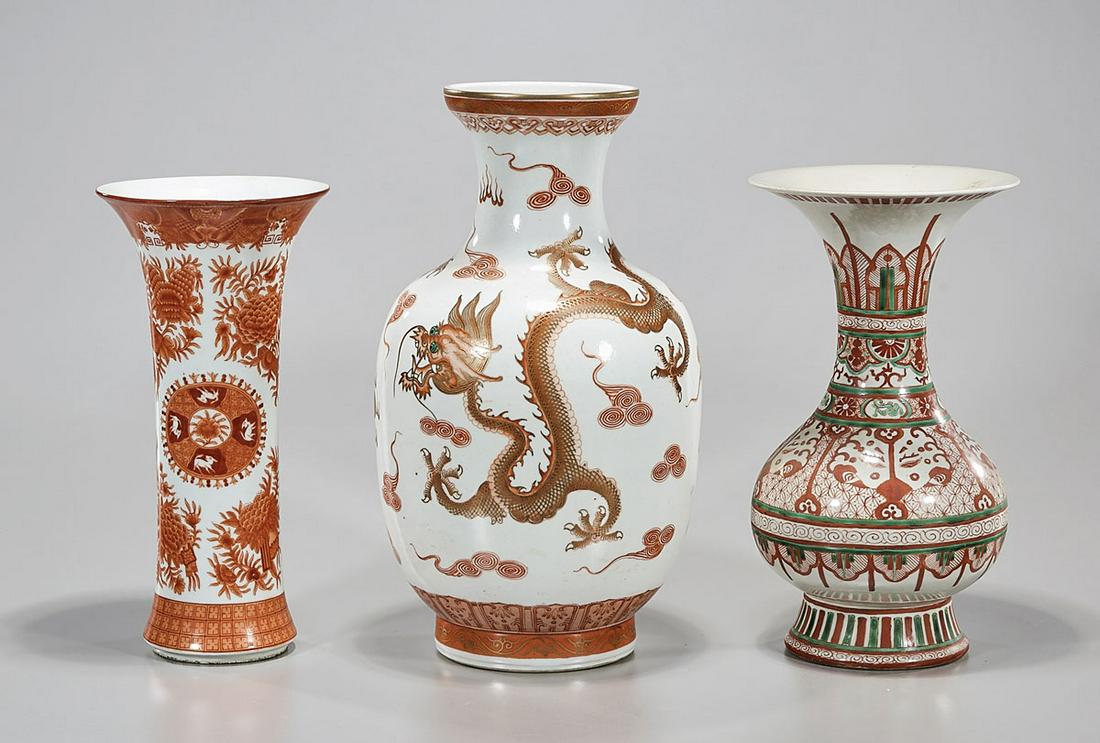 Group of Three Chinese Painted Porcelain Vases: Three Chinese painted porcelain vases; 13" x 7" (largest, approx.) Condition: general wear, frits, pits