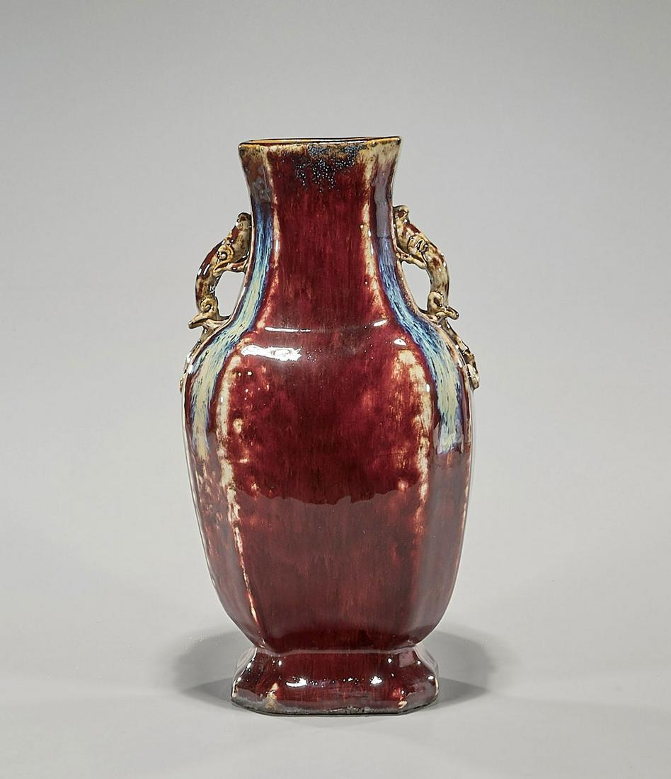 Chinese FlambÃƒÂ© Vase: Chinese flambÃƒÂ© vase; chilong-handled with Yongzheng mark, but later; H: 16" (approx.) Condition: general wear, frits, pits
