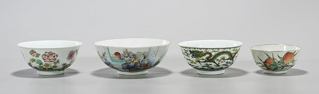Group of Four Chinese Enameled Porcelain Bowls: Four Chinese porcelain bowls; various motifs; each with mark; 3" x 7 1/2" (largest, approx.) Condition: general wear, frits, pits