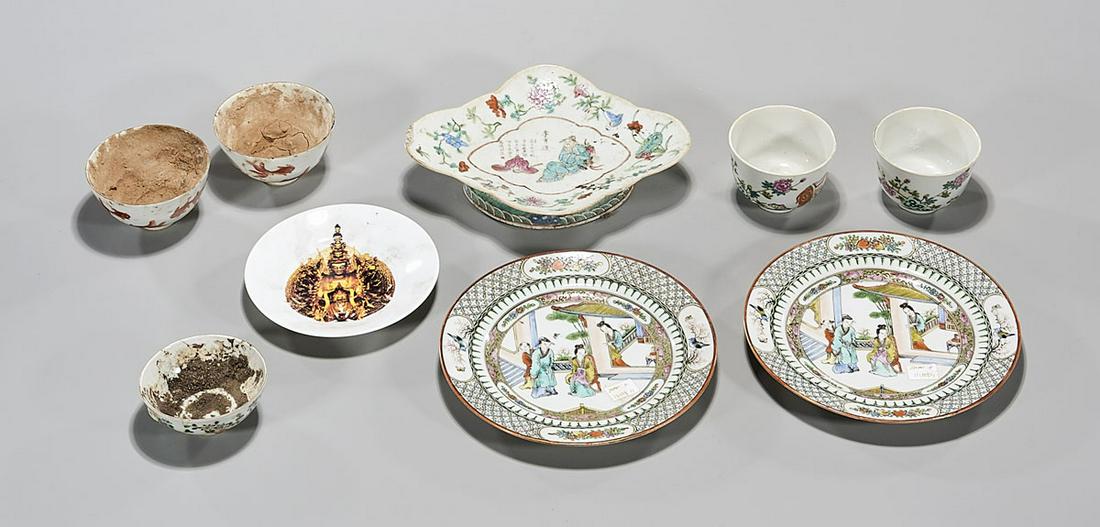 Group of Nine Chinese Enameled Porcelains: Group of nine Chinese enameled porcelains, including five cups and four dishes; varying design motifs; some have marks; 9 1/2" x 7 1/2" (largest, approx.) Condition: general wear, frits, pits, minor c