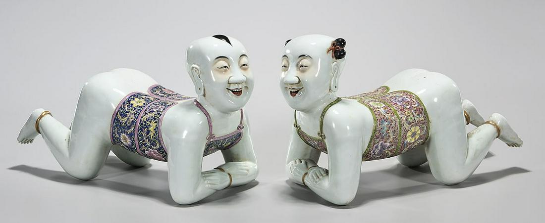 Pair Chinese Porcelain Child Figures: Pair of Chinese porcelain child figures; 10" x 18" x 8" (each, approx.) Condition: general wear, frits, pits, minor losses