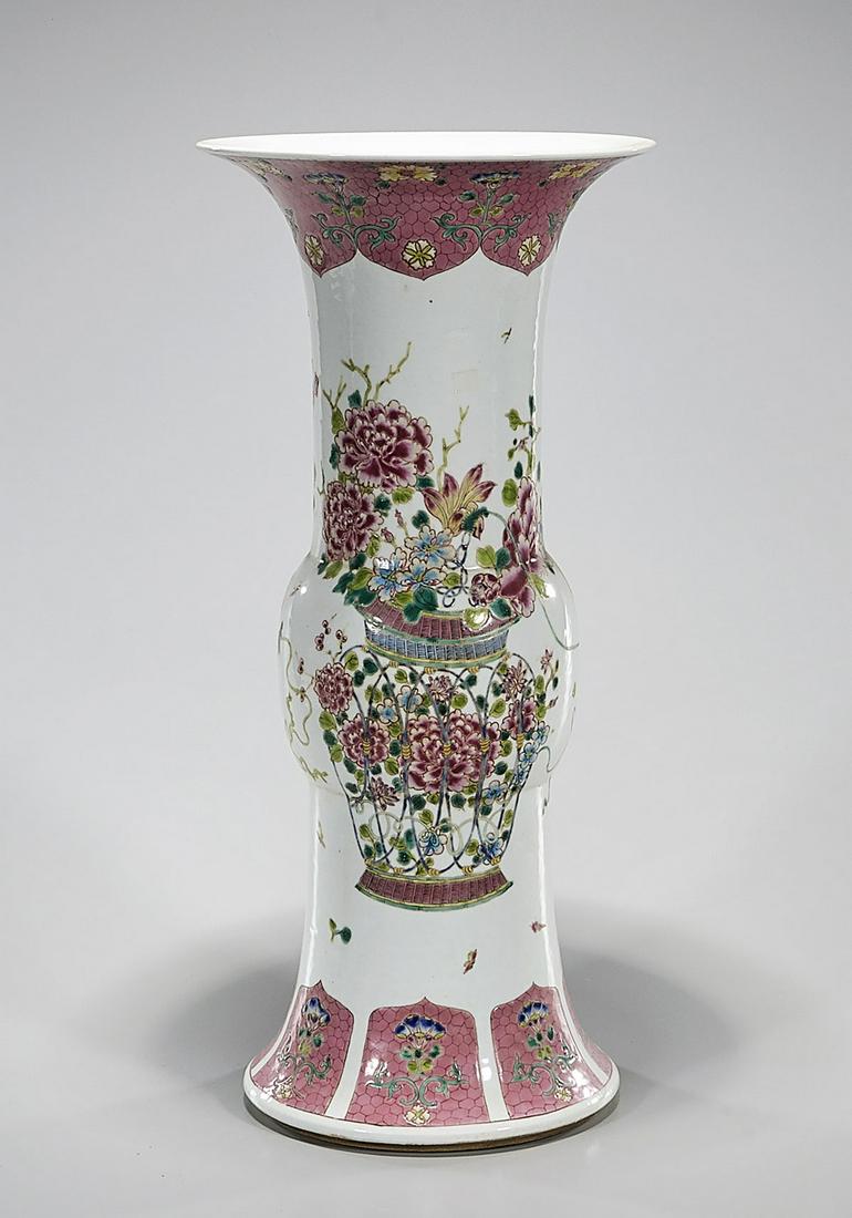 Chinese Enameled Porcelain Vase: Chinese enameled porcelain vase with floral motif; Jiaqing mark but later; 19" x 9" Condition: general wear, frits, pits, minor losses