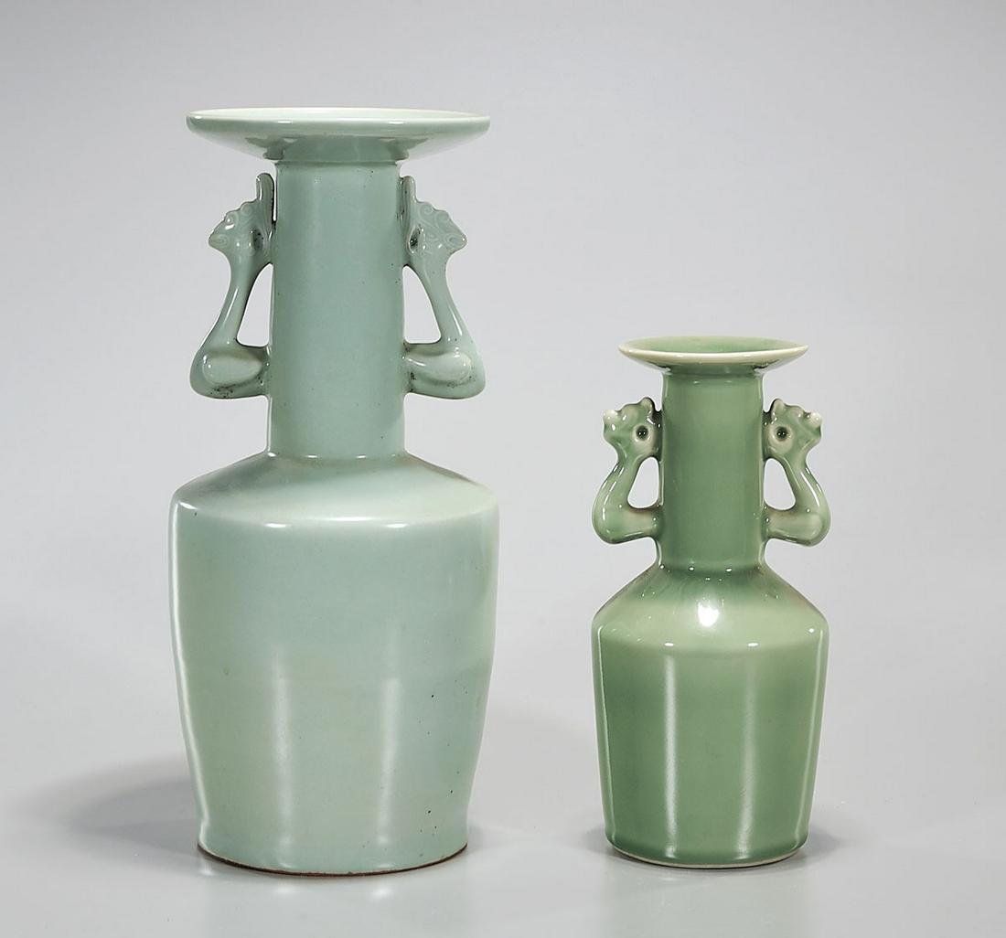 Two Chinese Longquan Glaze Vases: Two Chinese longquan glaze vases with animal form handles; 15" x 7" (larger, approx.) Condition: general wear, frits, pits, minor losses