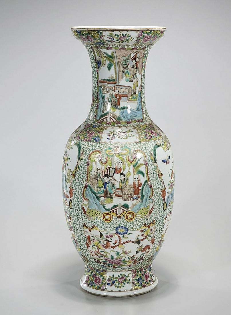 Chinese Enameled Porcelain Vase: Chinese enameled porcelain vase with all-over design; figural motifs; 19" x 8" (approx.) Condition: general wear, frits, pits, minor losses
