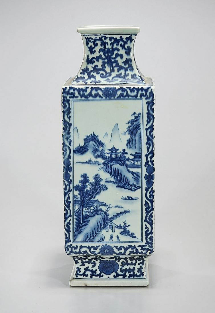 Chinese Blue and White Porcelain Vase: Chinese blue and white porcelain four-faceted vase with landscapes and flowers; Qianlong mark but later; 18" x 6" (approx.) Condition: general wear, frits, pits, minor losses
