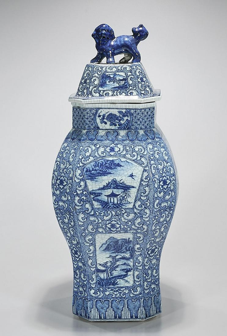 Chinese Blue and White Porcelain Covered Vase: Chinese blue and white porcelain covered vase with landscape motifs; Qianlong mark but later; 24" x 11" (approx.) Condition: general wear, frits, pits, minor losses