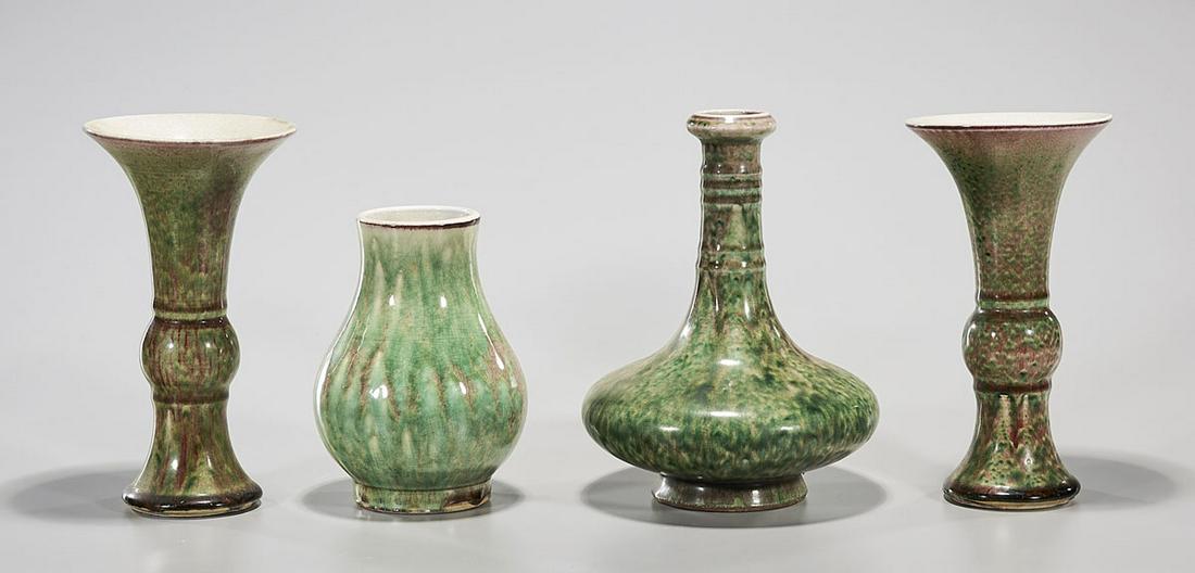 Group of Four Chinese Peach Blossom Glazed Porcelain: Four Chinese peach blossom glazed vases; 10" x 7" (largest, approx.) Condition: general wear, frits, pits, minor losses