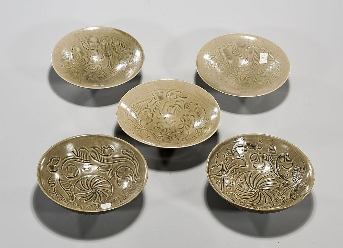 Group of Five Chinese Glazed Bowls: Group of Five Chinese green glazed bowls; D: 8" (largest, approx.) Condition: general wear, frits, pits, minor chips
