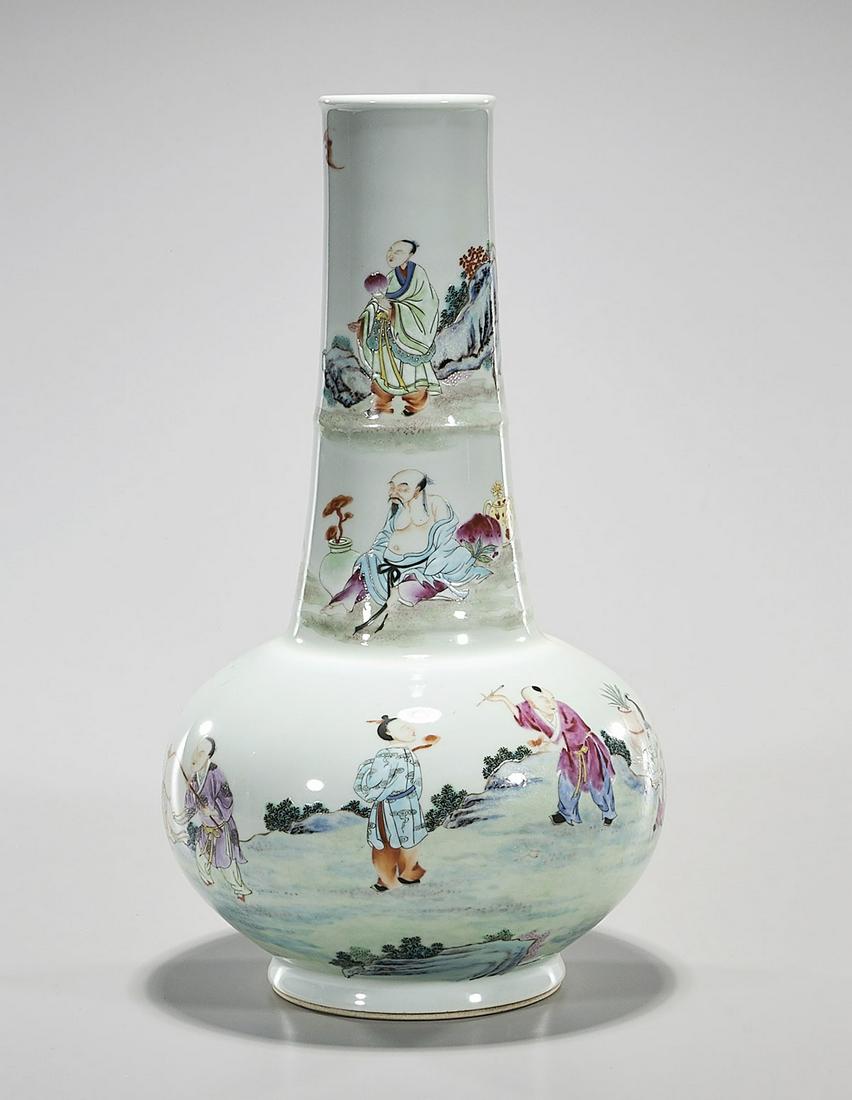 Chinese Enameled Porcelain Vase: Chinese enameled porcelain vase with figures in landscape; Yongzheng mark but later; 16 1/2" x 9" (approx.) Condition: general wear, frits, pits, minor losses