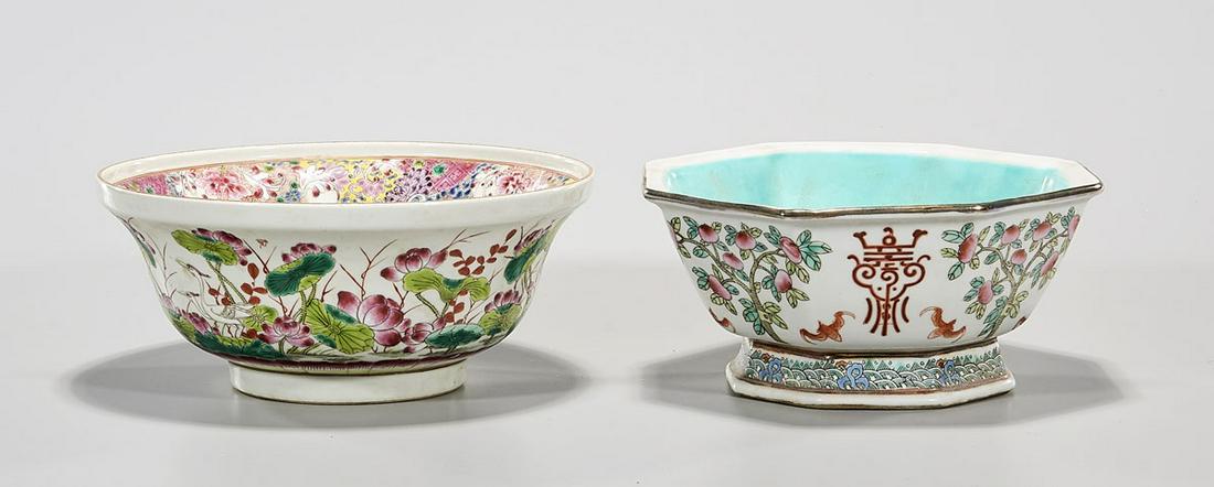 Two Chinese Enameled Porcelain Bowls: Two Chinese enameled porcelain bowls; each with flower design; one octagonal with gilt rim; marks; D: 8" (larger, approx.) Condition: general wear, frits, pits, minor loss