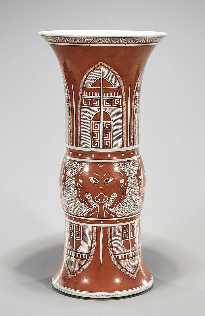 Chinese Enameled Porcelain Vase: Chinese enameled porcelain vase with architectural and figural motifs; 19" x 9 1/2" (approx.) Condition: general wear, frits, pits, minor loss