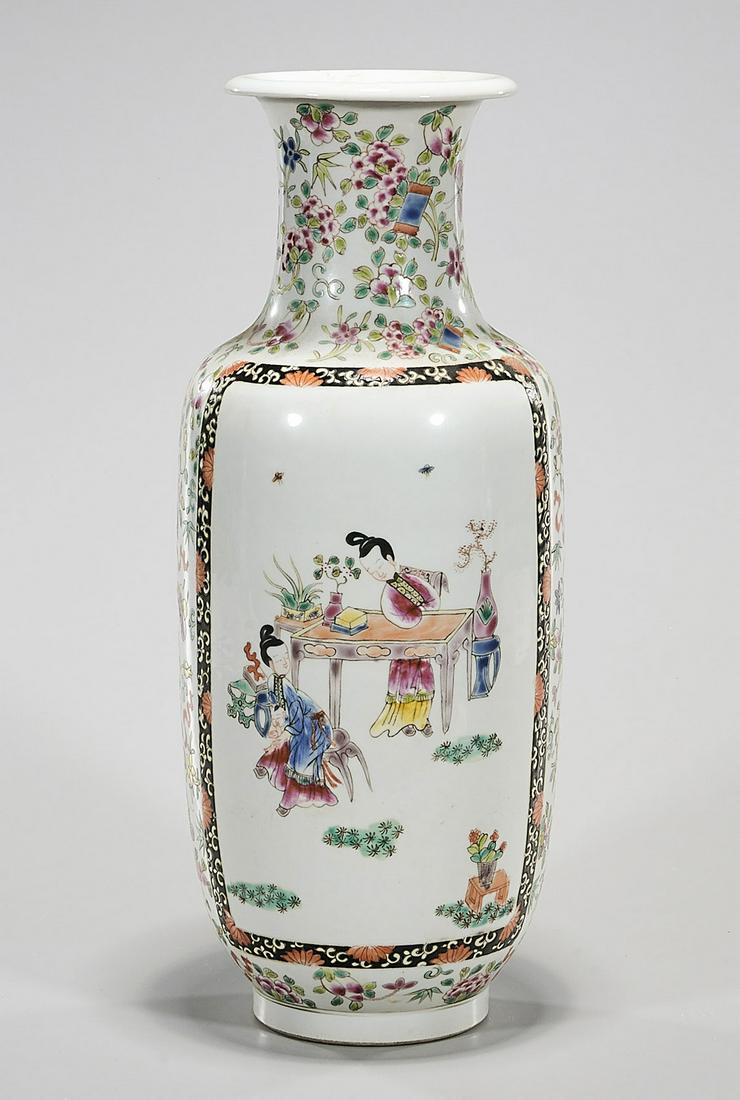 Chinese Enameled Porcelain Vase: Chinese enameled porcelain vase; figural scene surrounded by floral design; mark to base; 16" x 6" (approx.) Condition: general wear, frits, pits, minor losses