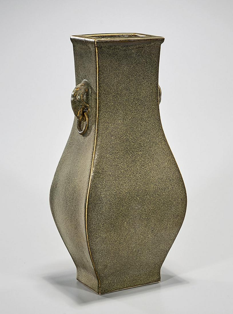 Chinese Tea Dust Four-Faceted Vase: Chinese four-faceted vase with elephant-head handles; 18" x 8" x 6" (approx.) Condition: general wear, frits, pits, minor chips