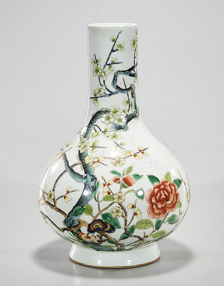 Chinese Enameled Porcelain Vase: Chinese enameled porcelain vase with blossoming tree branch design; Yongzheng mark to base but later; 14" x 9" (approx.) Condition: general wear, frits, pits, minor chips
