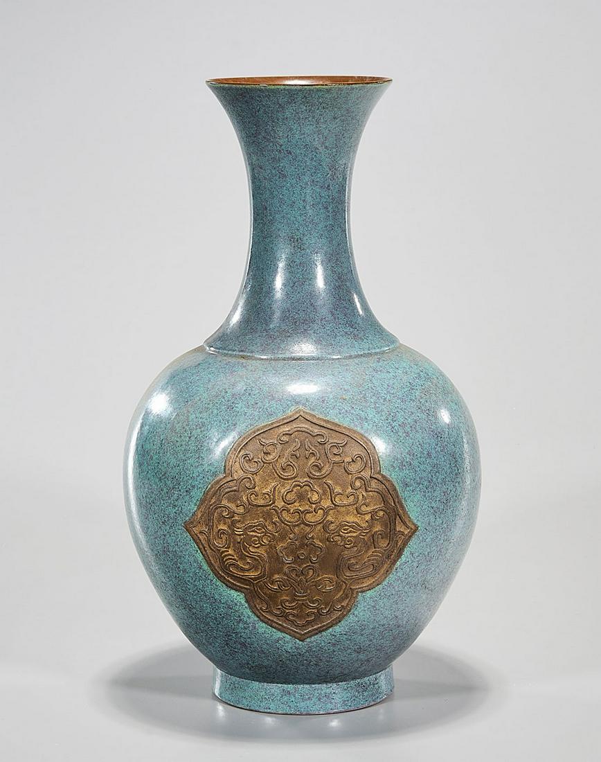 Chinese Enameled Porcelain Vase: Chinese enameled porcelain vase with raised design of phoenix; 14" x 8" (approx.) Condition: general wear, frits, pits, minor chips