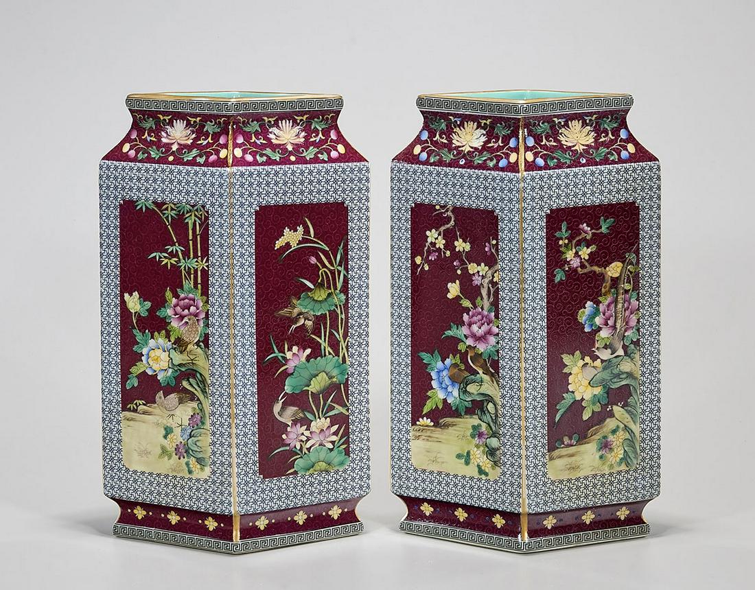 Pair Chinese Enameled Diamond-Shaped Porcelain Vases: Pair of Chinese diamond-shaped porcelain vases depicting birds and flowers; Yongzheng mark to base; 12" x 7" x 5" (each, approx.) Condition: general wear, frits, pits, minor chips
