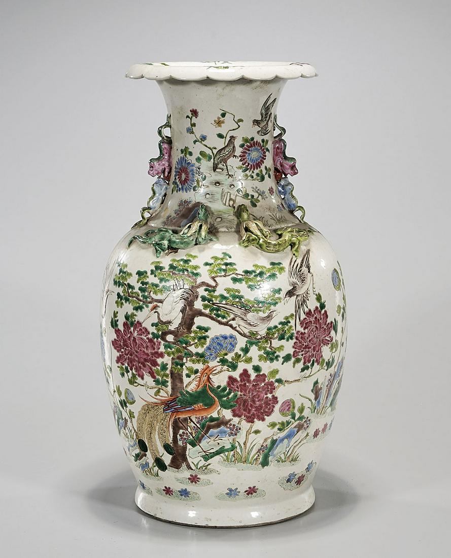 Chinese Enameled Porcelain Vase: Chinese enameled porcelain vase with landscape and bird decoration; 17 1/4" x 9" (approx.) Condition: general wear, frits, pits, minor losses