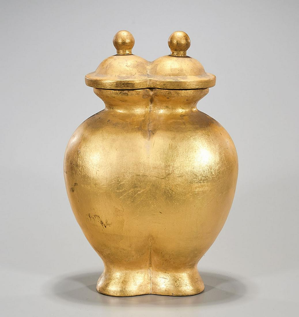 Chinese Double Vase: Chinese gilt painted porcelain double vase; 17" x 11" x 7" (approx.) Condition: general wear, frits, pits, minor chips