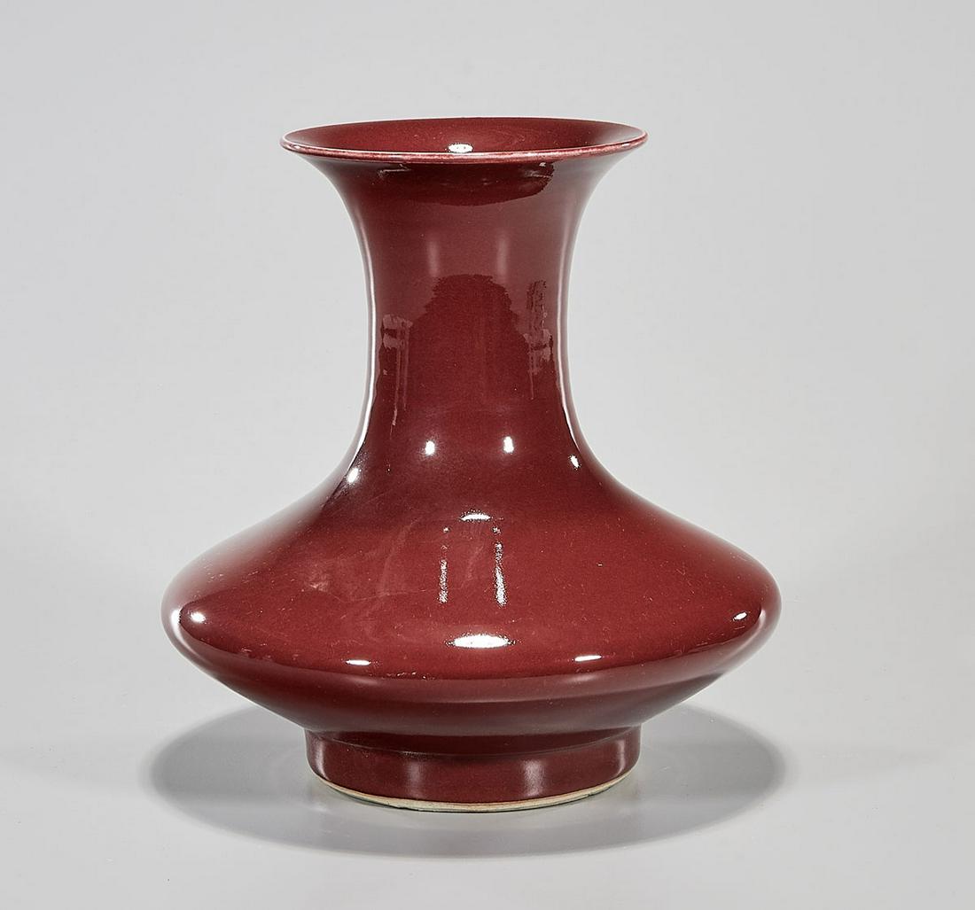 Chinese Oxblood Porcelain Vase: Chinese oxblood porcelain vase; 10" x 9" (approx.) Condition: general wear, frits, pits, minor chips