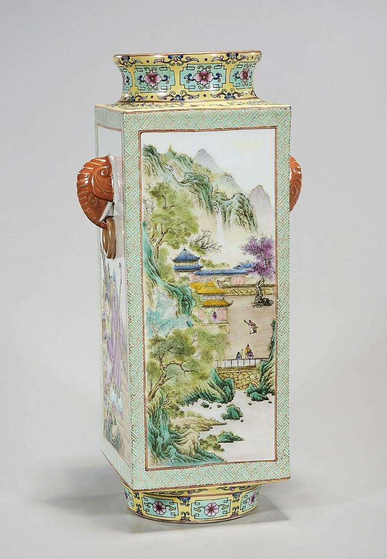Chinese Enameled Porcelain Square Form Vase: Chinese enameled porcelain square form vase; figure and landscape scenes; 15" x 7" (approx.) Condition: general wear, frits, pits, minor chips