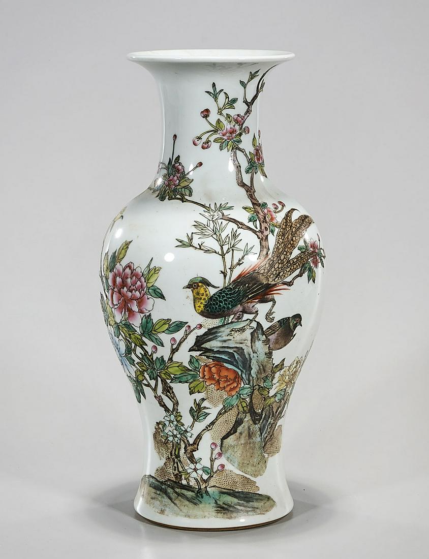 Chinese Enameled Porcelain Vase: Chinese enameled porcelain vase; bird with flowering branches and calligraphy; mark to base; 14" x 6 1/2" (approx.) Condition: general wear, frits, pits, minor chips