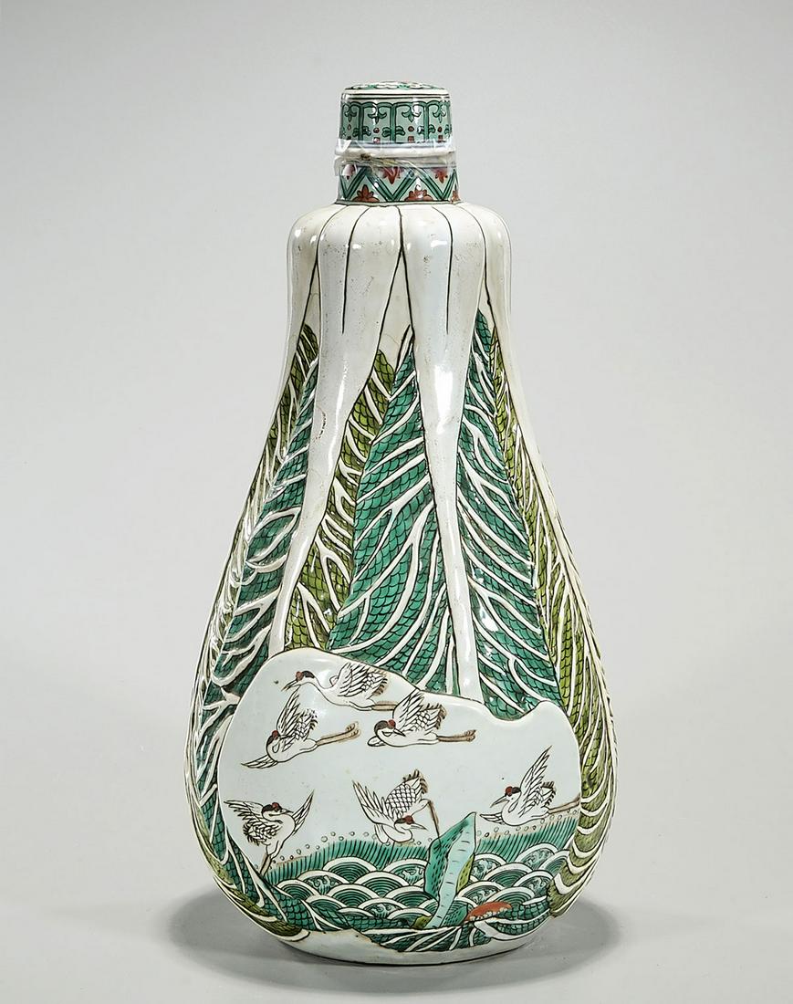 Chinese Enameled Porcelain Vase: Chinese enameled porcelain vase; birds motif; 16" x 9" (approx.) Condition: general wear, frits, pits, minor losses