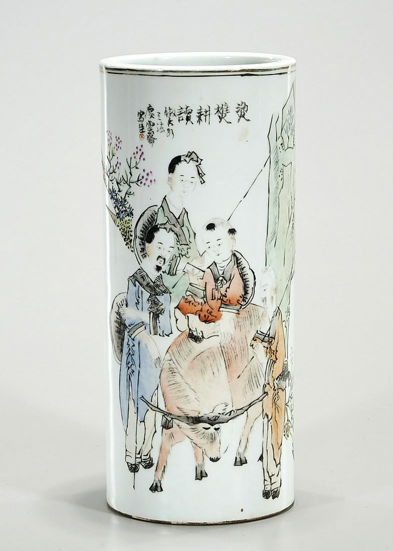Chinese Enameled Porcelain Hat Stand: Chinese enameled porcelain hat stand; figures with calligraphy; 11" x 5" (approx.) Condition: general wear, frits, pits, minor losses