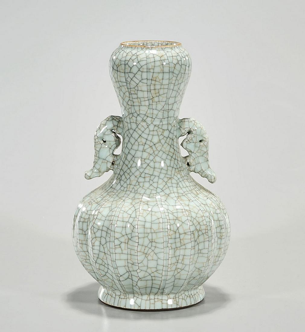 Chinese Crackle Glazed Porcelain Vase: Chinese crackle glazed porcelain garlic mouth vase; animal form handles; hallmark to base; 12" x 7" Condition: general wear, frits, pits, minor losses