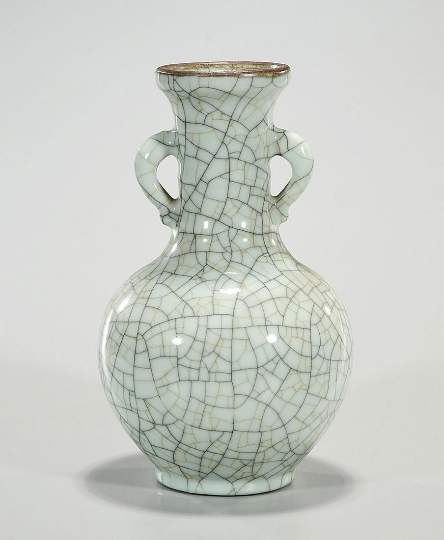 Chinese Crackle Glazed Porcelain Vase: Chinese crackle glazed porcelain vase with handles; 12" x 8" (approx.) Condition: general wear, frits, pits, minor losses