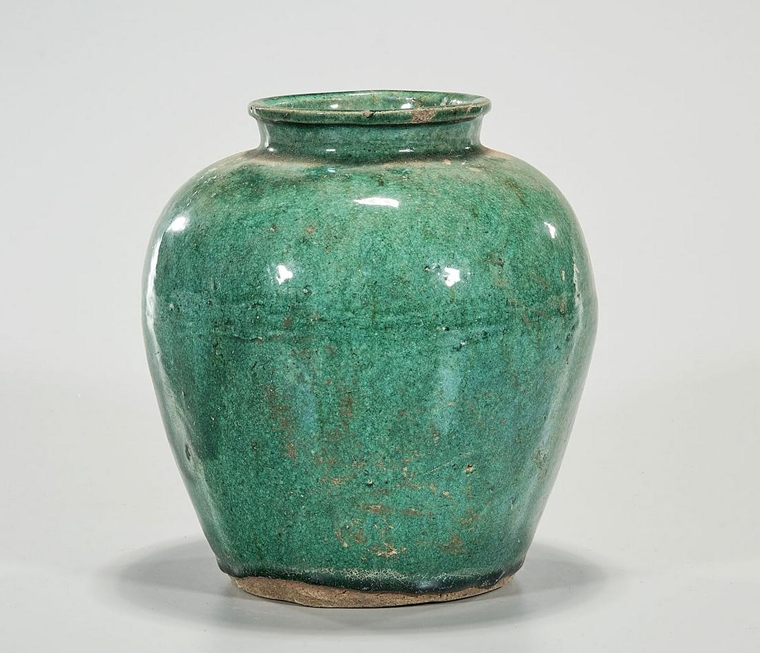 Chinese Green Glazed Porcelain Jar: Chinese green glazed porcelain jar; 8" x 8" (approx.) Condition: general wear, frits, pits, minor losses