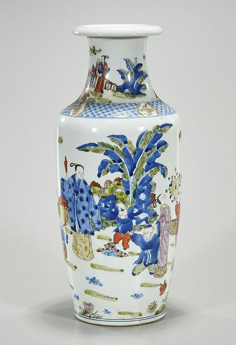 Chinese Enameled Porcelain Vase: Chinese enameled porcelain vase; figural motifs; 15" x 6" (approx.) Condition: general wear, frits, pits, minor losses