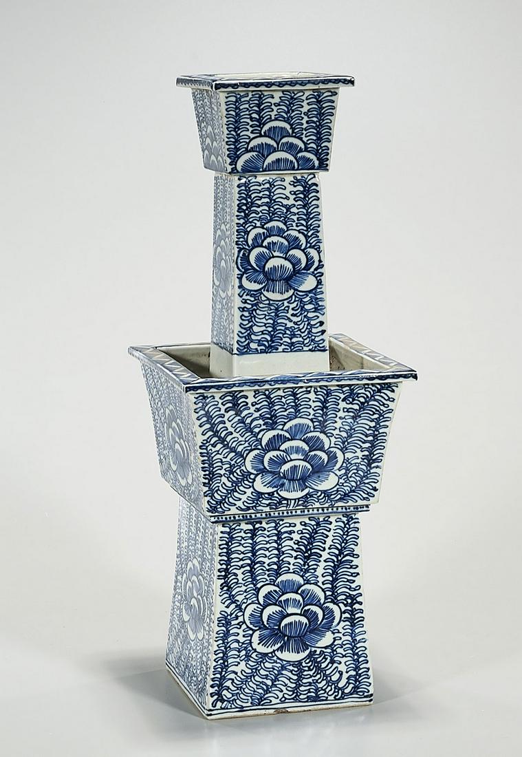 Chinese Blue and White Porcelain Candlestick: Chinese blue and white porcelain candlestick; 15" x 6" (approx.) Condition: general wear, frits, pits, minor losses