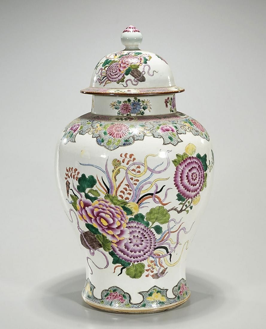 Chinese Enameled Porcelain Covered Jar: Chinese enameled porcelain covered jar; floral and insect motif; 20" x 10" (approx.) Condition: general wear, frits, pits, minor losses