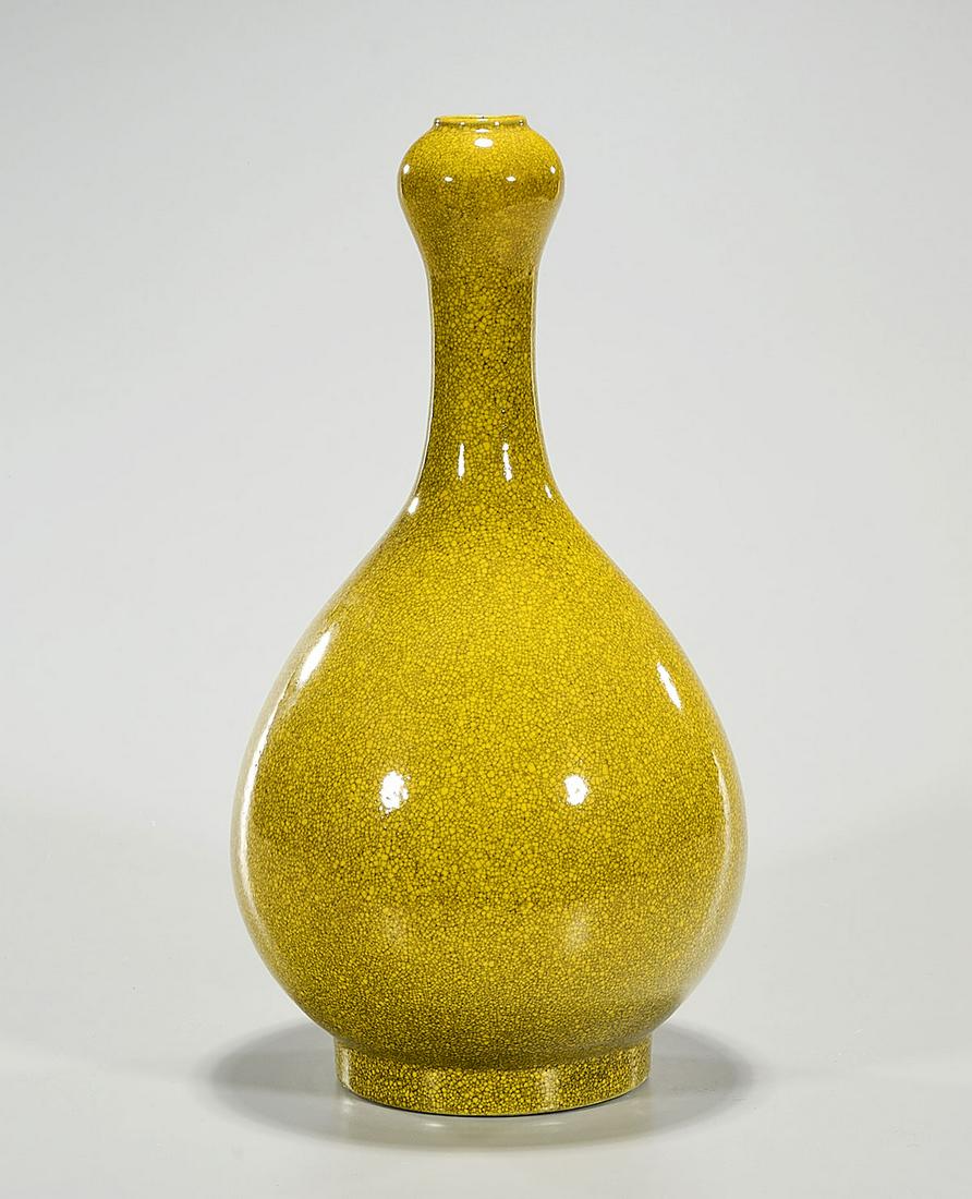 Chinese Glazed Porcelain Vase: Chinese yellow glazed porcelain garlic mouth vase; 14" x 7" (approx.) Condition: general wear, frits, pits, minor losses