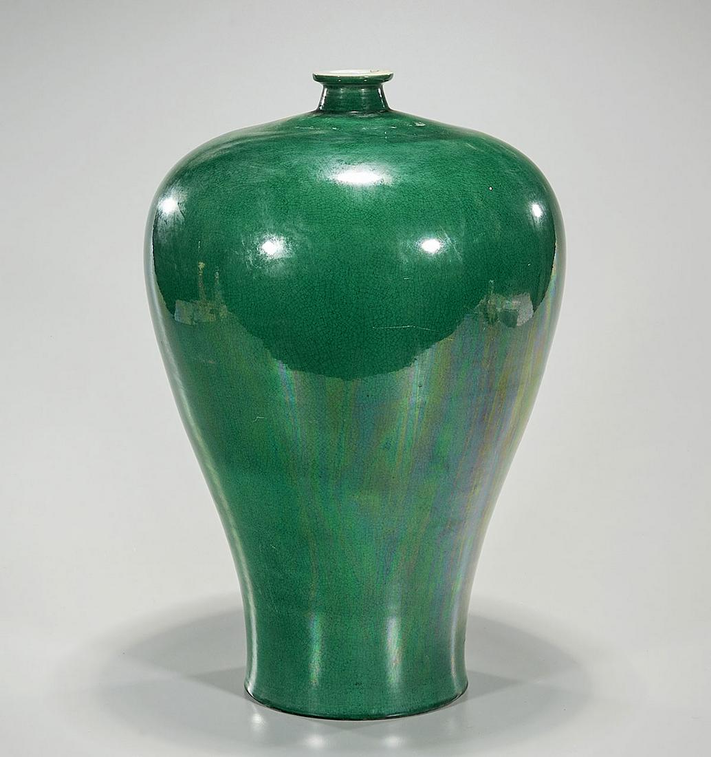 Chinese Green Glazed Porcelain Vase: Chinese green glazed porcelain meiping vase; Condition: general wear, frits, pits, minor losses