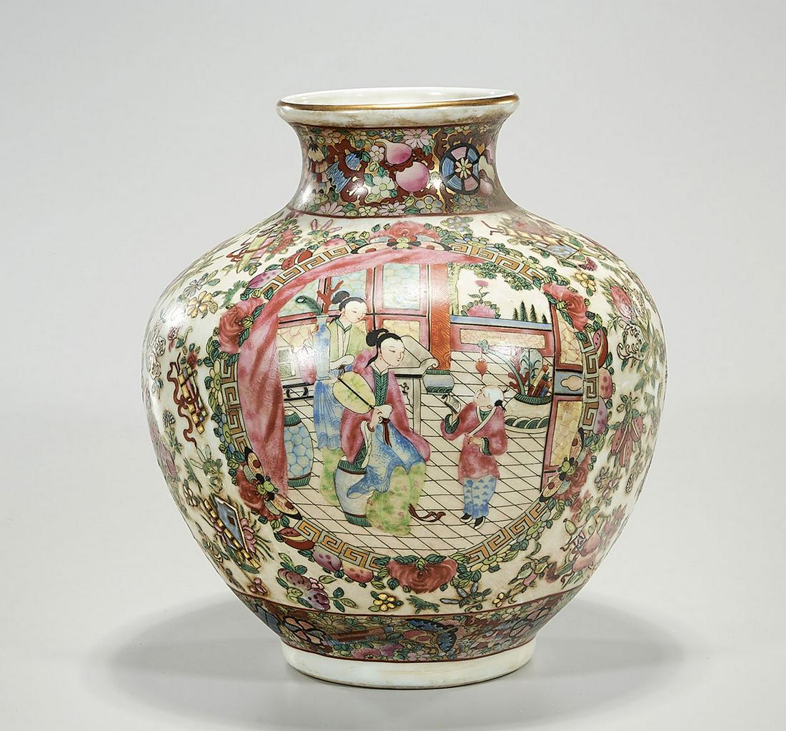 Chinese Enameled Porcelain Jar: Chinese enameled porcelain jar depicting central figural scene surrounded by floral and insect design; 12" x 11" (approx.) Condition: general wear, frits, pits, minor losses