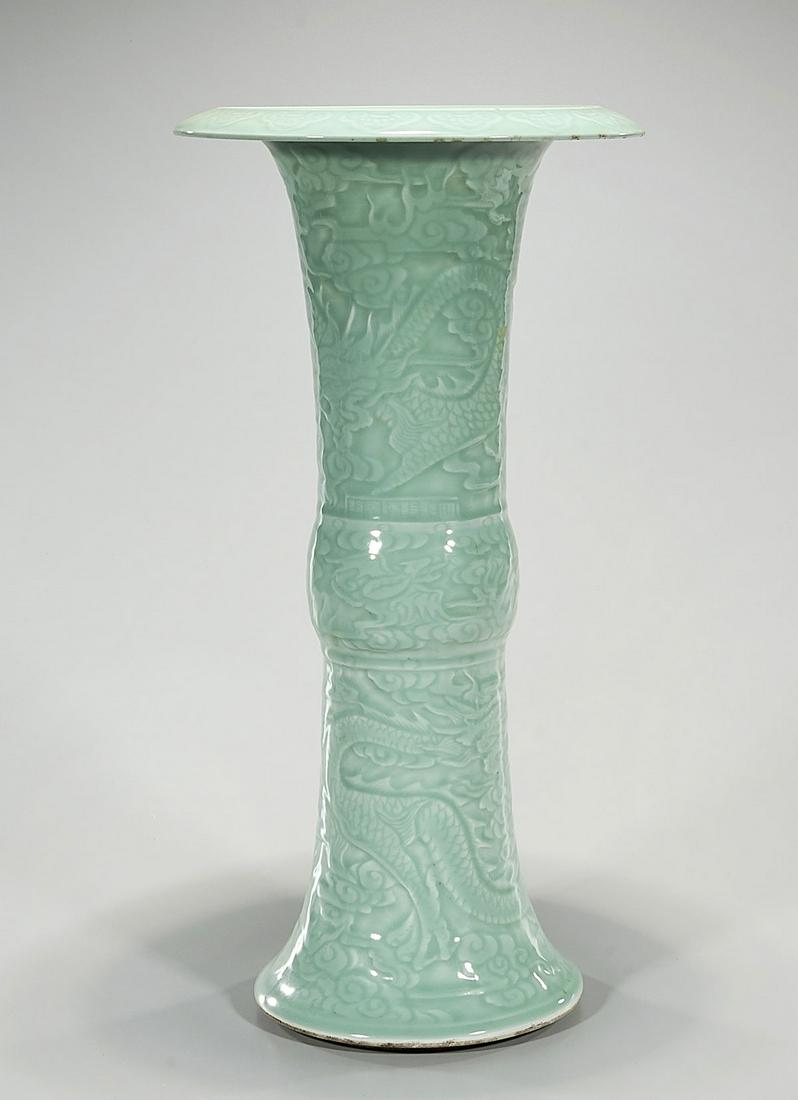 Tall Chinese Celadon Glazed Porcelain Vase: Tall Chinese celadon glazed porcelain vase; 19" x 9" Condition: general wear, frits, pits, minor losses