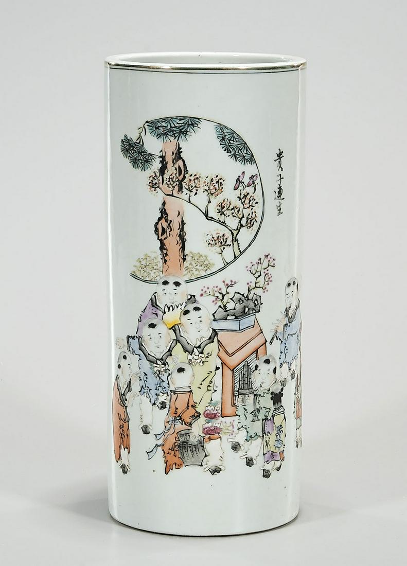 Chinese Enameled Porcelain Hat Stand: Chinese enameled porcelain hat stand; figural motifs; 12" x 5" (approx.) Condition: general wear, frits, pits, minor losses
